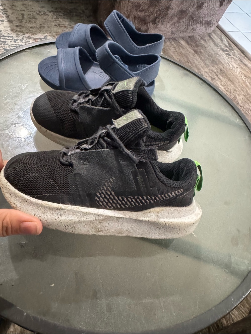 2 pairs Nike Kids Black Sneakers with Green Pull Tab and navy sandals